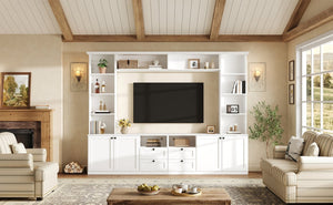 English Elm Farmhouse Built-in Style Entertainment Center with Drawers Cabinets and Adjustable Shelving White N721S000087K