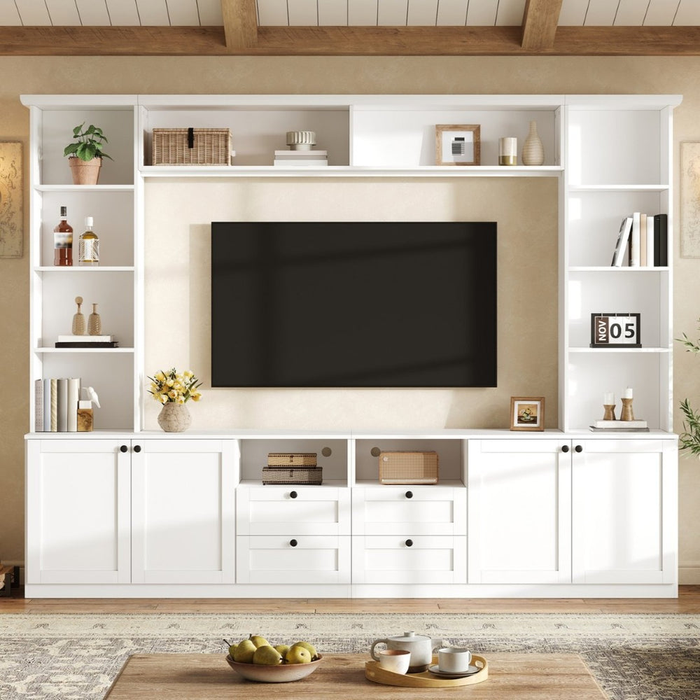 English Elm Farmhouse Built-in Style Entertainment Center with Drawers Cabinets and Adjustable Shelving White N721S000087K