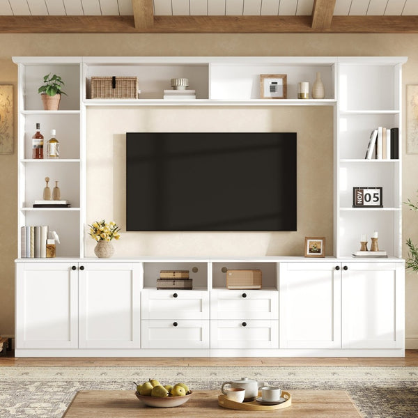 English Elm Farmhouse Built-in Style Entertainment Center with Drawers Cabinets and Adjustable Shelving White N721S000087K
