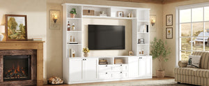 English Elm Farmhouse Built-in Style Entertainment Center with Drawers Cabinets and Adjustable Shelving White N721S000087K