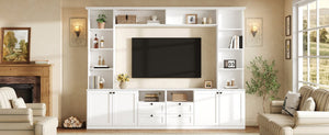 English Elm Farmhouse Built-in Style Entertainment Center with Drawers Cabinets and Adjustable Shelving White N721S000087K