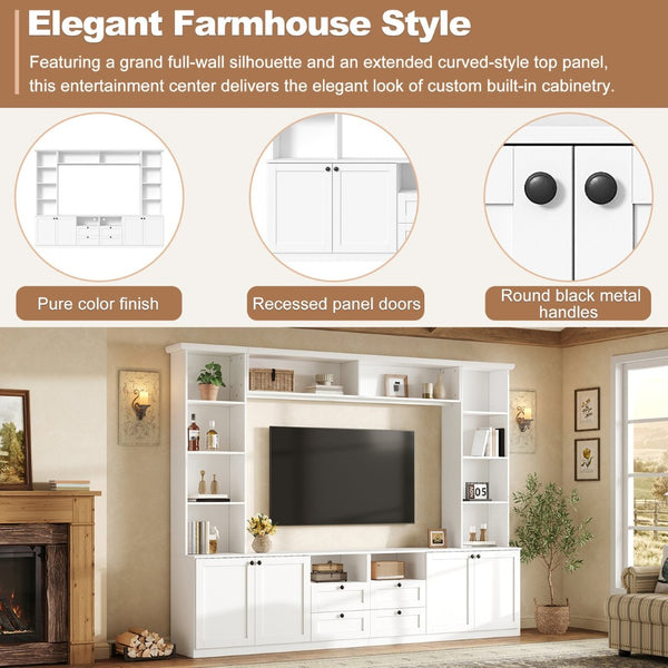English Elm Farmhouse Built-in Style Entertainment Center with Drawers Cabinets and Adjustable Shelving White N721S000087K