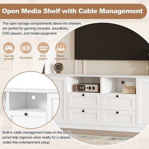 English Elm Farmhouse Built-in Style Entertainment Center with Drawers Cabinets and Adjustable Shelving White N721S000087K