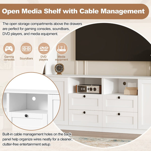 English Elm Farmhouse Built-in Style Entertainment Center with Drawers Cabinets and Adjustable Shelving White N721S000087K