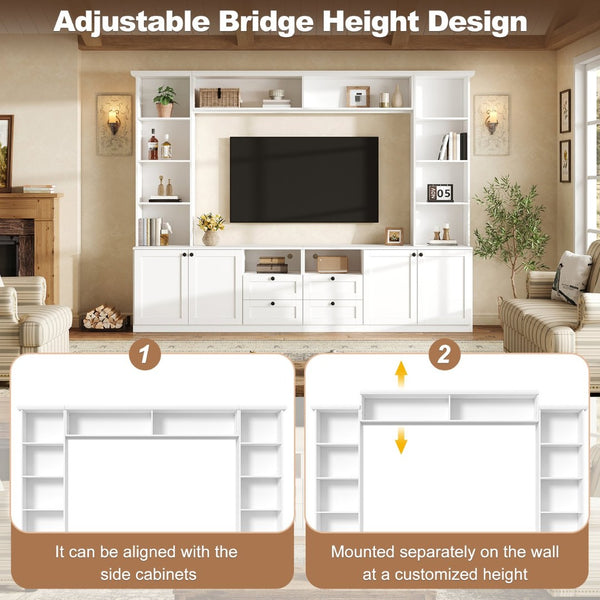 English Elm Farmhouse Built-in Style Entertainment Center with Drawers Cabinets and Adjustable Shelving White N721S000087K