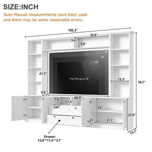 English Elm Farmhouse Built-in Style Entertainment Center with Drawers Cabinets and Adjustable Shelving White N721S000087K