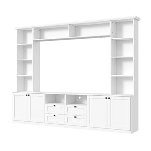 English Elm Farmhouse Built-in Style Entertainment Center with Drawers Cabinets and Adjustable Shelving White N721S000087K