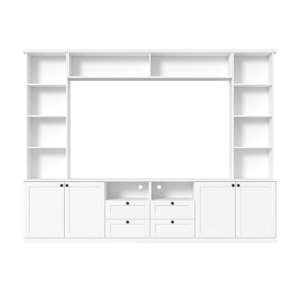 English Elm Farmhouse Built-in Style Entertainment Center with Drawers Cabinets and Adjustable Shelving White N721S000087K