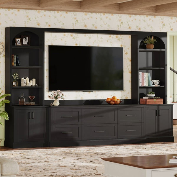 English Elm Modern Arched Wall Entertainment Center with Six Drawers Open Shelves for Living Room Black N721S000089B
