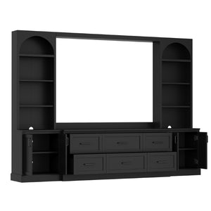 English Elm Modern Arched Wall Entertainment Center with Six Drawers Open Shelves for Living Room Black N721S000089B