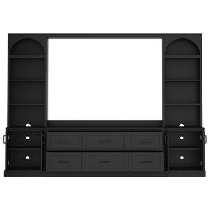 English Elm Modern Arched Wall Entertainment Center with Six Drawers Open Shelves for Living Room Black N721S000089B