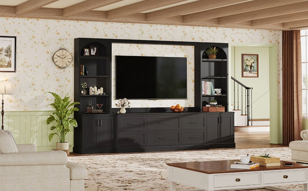 English Elm Modern Arched Wall Entertainment Center with Six Drawers Open Shelves for Living Room Black N721S000089B