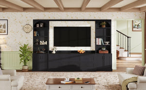 English Elm Modern Arched Wall Entertainment Center with Six Drawers Open Shelves for Living Room Black N721S000089B