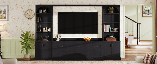 English Elm Modern Arched Wall Entertainment Center with Six Drawers Open Shelves for Living Room Black N721S000089B