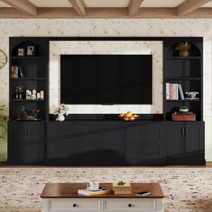 English Elm Modern Arched Wall Entertainment Center with Six Drawers Open Shelves for Living Room Black N721S000089B