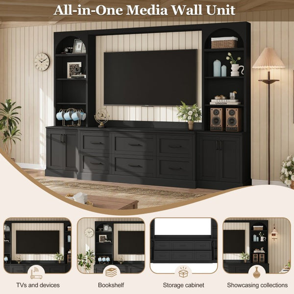 English Elm Modern Arched Wall Entertainment Center with Six Drawers Open Shelves for Living Room Black N721S000089B