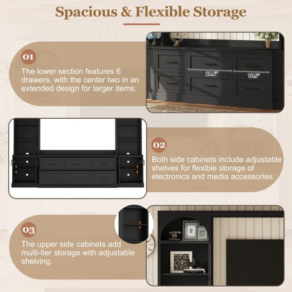 English Elm Modern Arched Wall Entertainment Center with Six Drawers Open Shelves for Living Room Black N721S000089B