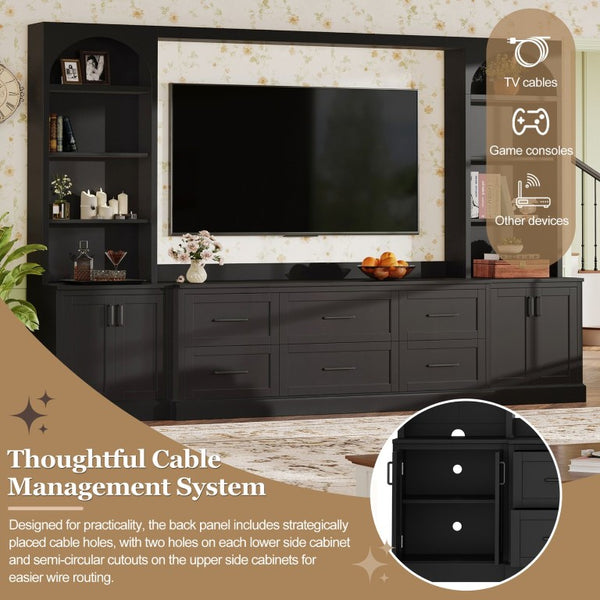 English Elm Modern Arched Wall Entertainment Center with Six Drawers Open Shelves for Living Room Black N721S000089B