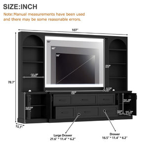 English Elm Modern Arched Wall Entertainment Center with Six Drawers Open Shelves for Living Room Black N721S000089B