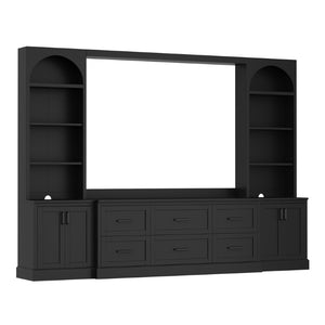 English Elm Modern Arched Wall Entertainment Center with Six Drawers Open Shelves for Living Room Black N721S000089B