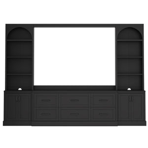 English Elm Modern Arched Wall Entertainment Center with Six Drawers Open Shelves for Living Room Black N721S000089B
