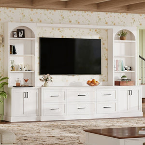 English Elm Modern Arched Wall Entertainment Center with Six Drawers Open Shelves for Living Room White N721S000089K