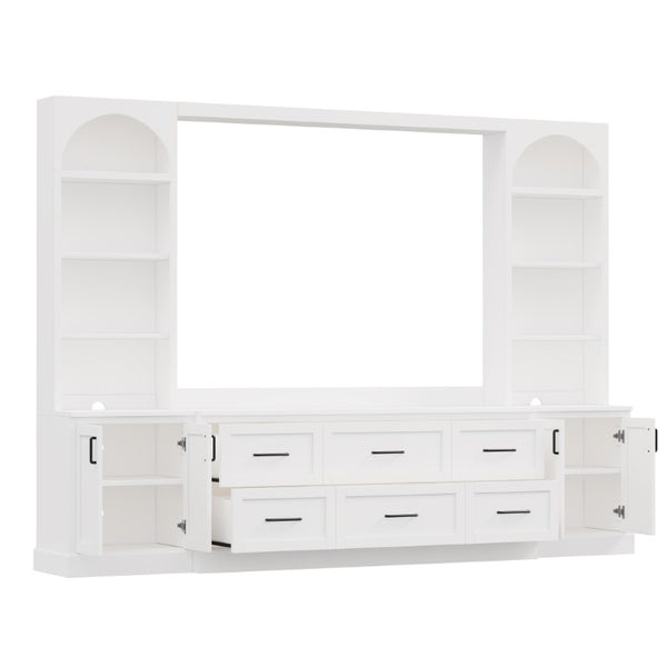 English Elm Modern Arched Wall Entertainment Center with Six Drawers Open Shelves for Living Room White N721S000089K