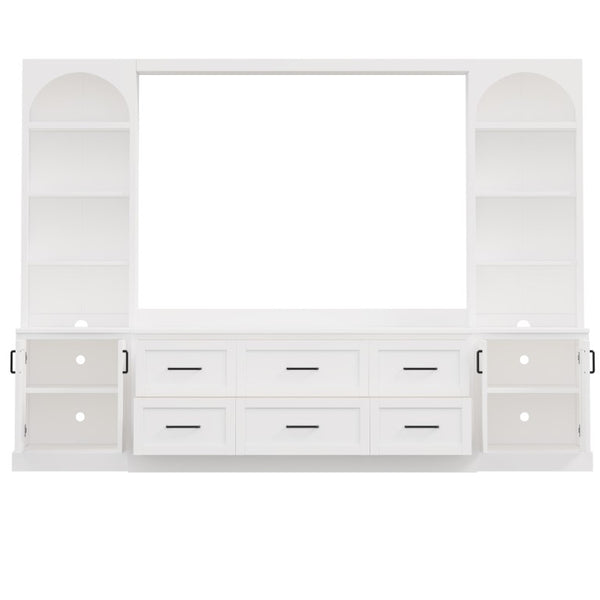 English Elm Modern Arched Wall Entertainment Center with Six Drawers Open Shelves for Living Room White N721S000089K