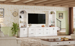 English Elm Modern Arched Wall Entertainment Center with Six Drawers Open Shelves for Living Room White N721S000089K