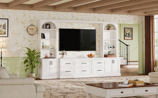English Elm Modern Arched Wall Entertainment Center with Six Drawers Open Shelves for Living Room White N721S000089K