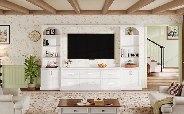 English Elm Modern Arched Wall Entertainment Center with Six Drawers Open Shelves for Living Room White N721S000089K