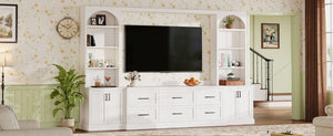English Elm Modern Arched Wall Entertainment Center with Six Drawers Open Shelves for Living Room White N721S000089K