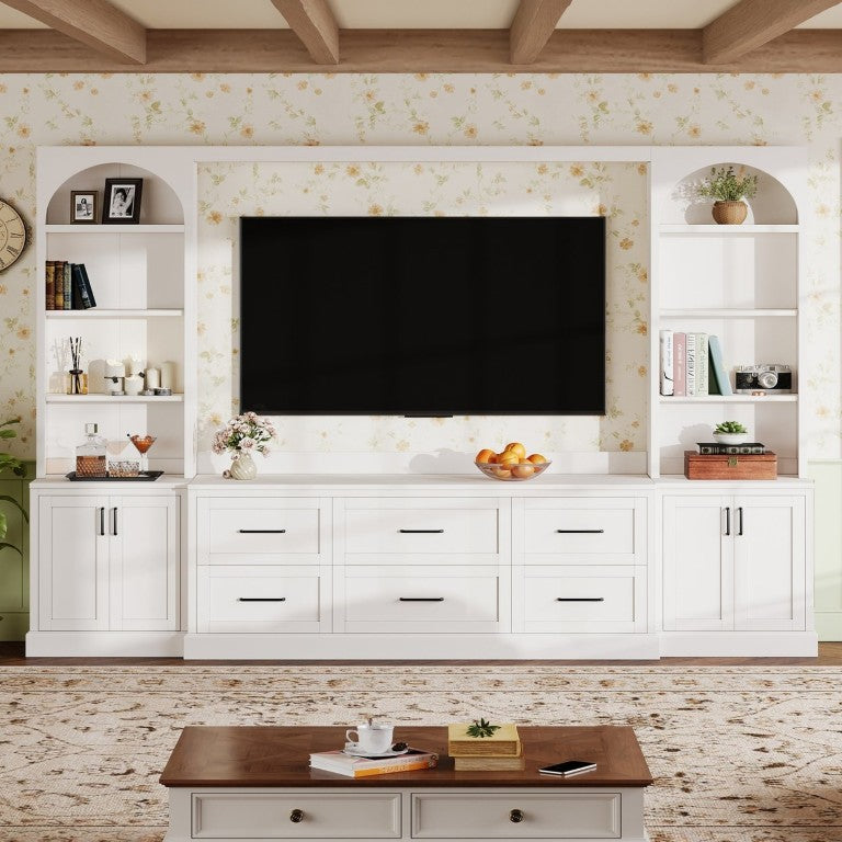English Elm Modern Arched Wall Entertainment Center with Six Drawers Open Shelves for Living Room White N721S000089K