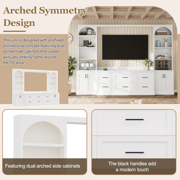 English Elm Modern Arched Wall Entertainment Center with Six Drawers Open Shelves for Living Room White N721S000089K