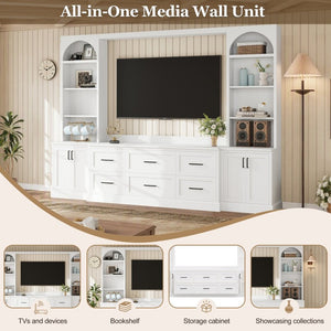English Elm Modern Arched Wall Entertainment Center with Six Drawers Open Shelves for Living Room White N721S000089K