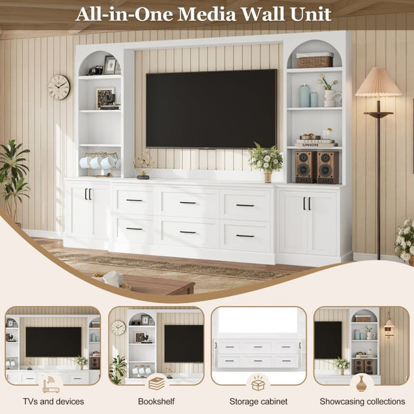 English Elm Modern Arched Wall Entertainment Center with Six Drawers Open Shelves for Living Room White N721S000089K