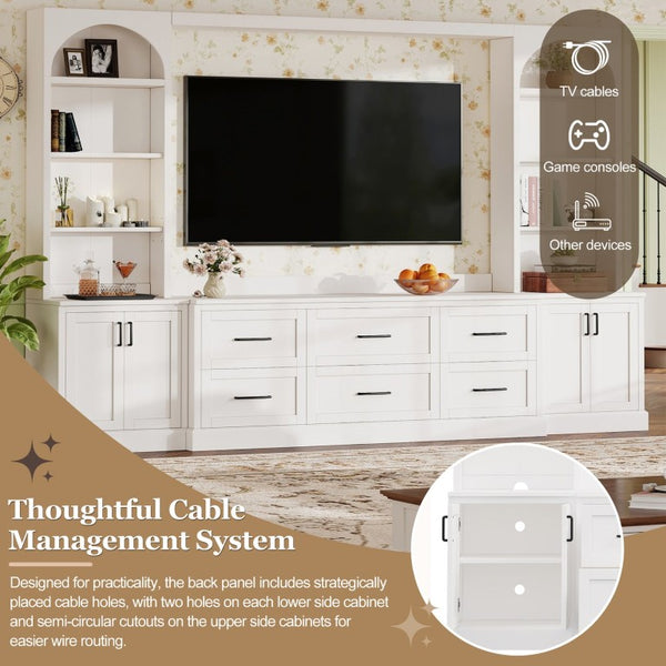 English Elm Modern Arched Wall Entertainment Center with Six Drawers Open Shelves for Living Room White N721S000089K