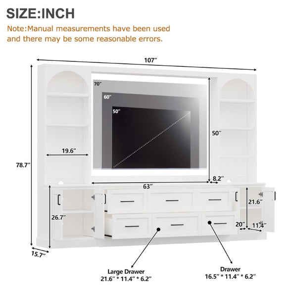 English Elm Modern Arched Wall Entertainment Center with Six Drawers Open Shelves for Living Room White N721S000089K