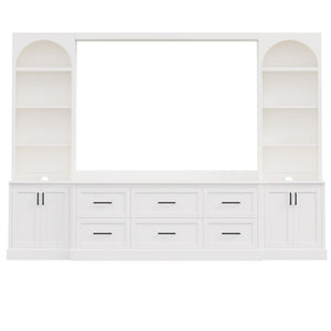 English Elm Modern Arched Wall Entertainment Center with Six Drawers Open Shelves for Living Room White N721S000089K