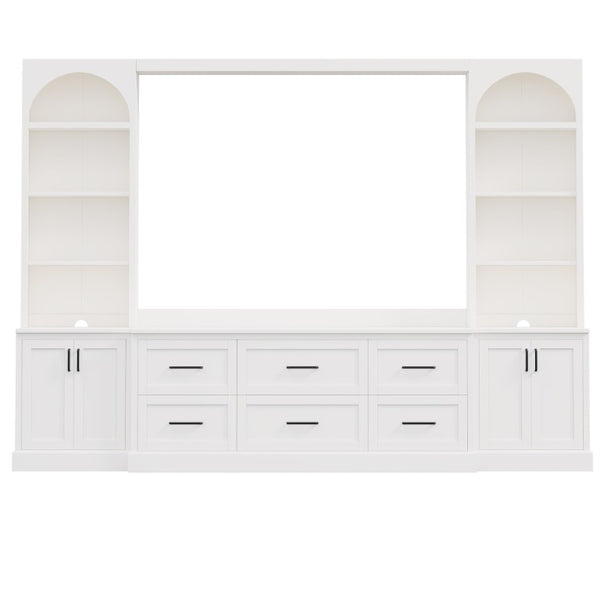 English Elm Modern Arched Wall Entertainment Center with Six Drawers Open Shelves for Living Room White N721S000089K