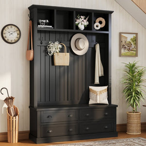 English Elm On-Trend Farmhouse Hall Tree with Beadboard Paneling Six Hooks and Four Drawers Black N721S000090B