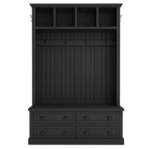 English Elm On-Trend Farmhouse Hall Tree with Beadboard Paneling Six Hooks and Four Drawers Black N721S000090B