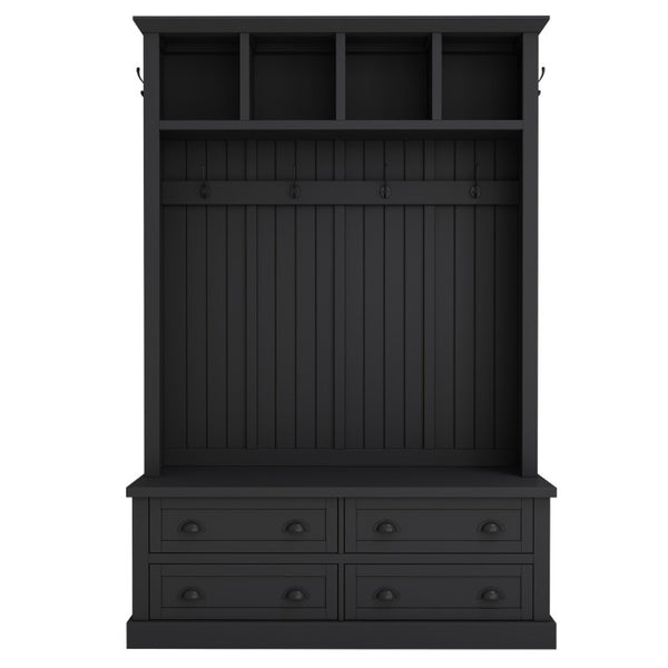 English Elm On-Trend Farmhouse Hall Tree with Beadboard Paneling Six Hooks and Four Drawers Black N721S000090B