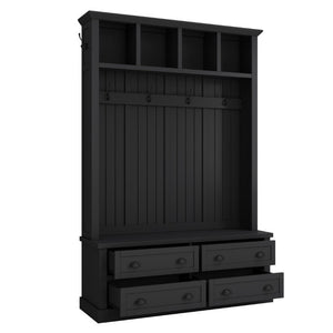 English Elm On-Trend Farmhouse Hall Tree with Beadboard Paneling Six Hooks and Four Drawers Black N721S000090B