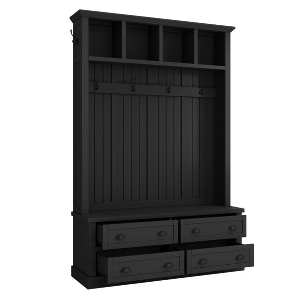 English Elm On-Trend Farmhouse Hall Tree with Beadboard Paneling Six Hooks and Four Drawers Black N721S000090B