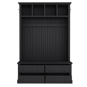 English Elm On-Trend Farmhouse Hall Tree with Beadboard Paneling Six Hooks and Four Drawers Black N721S000090B