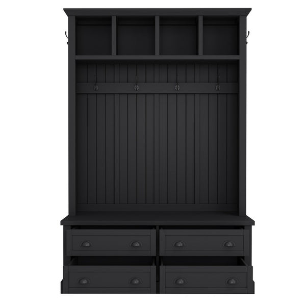 English Elm On-Trend Farmhouse Hall Tree with Beadboard Paneling Six Hooks and Four Drawers Black N721S000090B