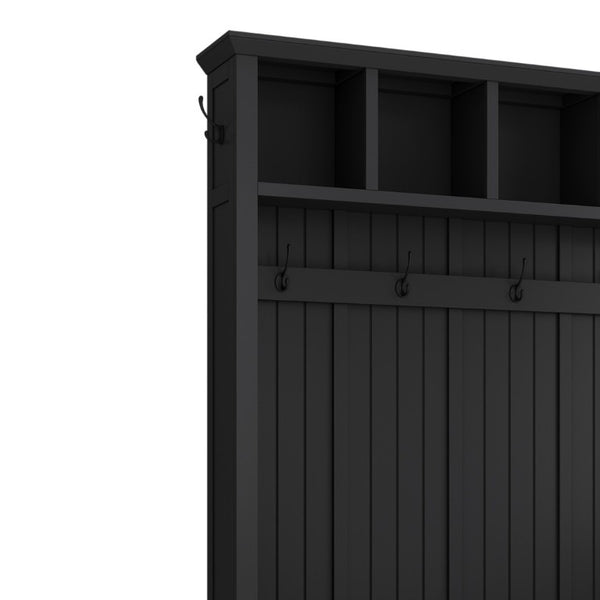 English Elm On-Trend Farmhouse Hall Tree with Beadboard Paneling Six Hooks and Four Drawers Black N721S000090B