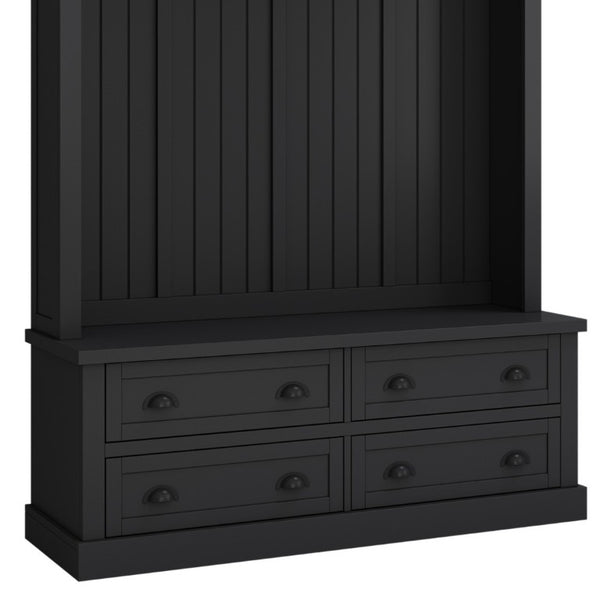 English Elm On-Trend Farmhouse Hall Tree with Beadboard Paneling Six Hooks and Four Drawers Black N721S000090B