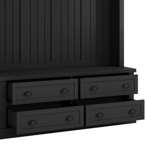 English Elm On-Trend Farmhouse Hall Tree with Beadboard Paneling Six Hooks and Four Drawers Black N721S000090B